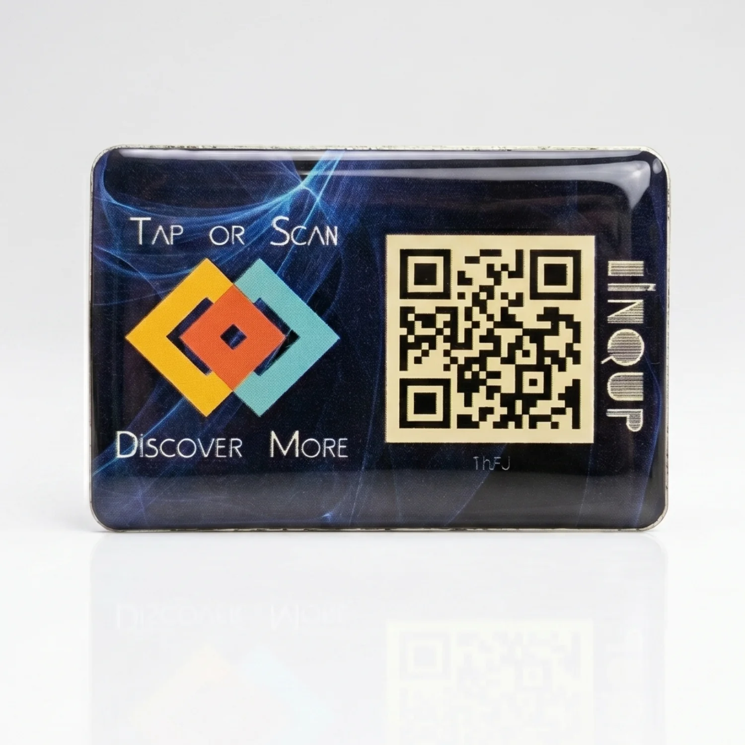 Close front view of LINQS Smart NFC and QR dynamic sticker with tap or scan message